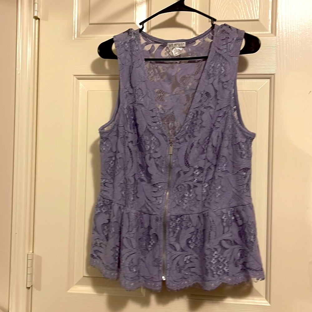 Venus, large, purple, zip up, low cut, sleeveless blouse